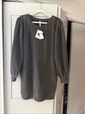 Daily Practice Puff Sleeve Sweatshirt Dress in Charcoal Gray